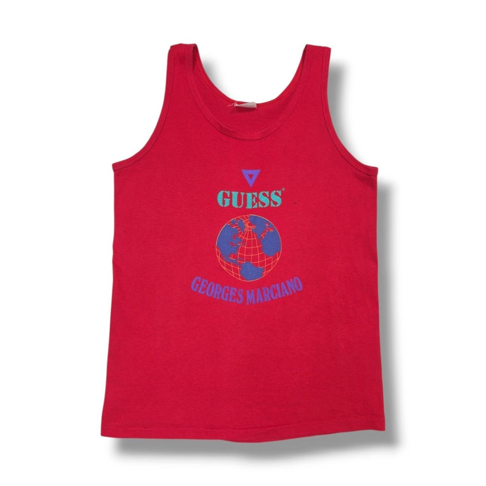 Vintage Guess Spell Out Globe Graphic Print Red 80s Tank Top Men's L USA Made